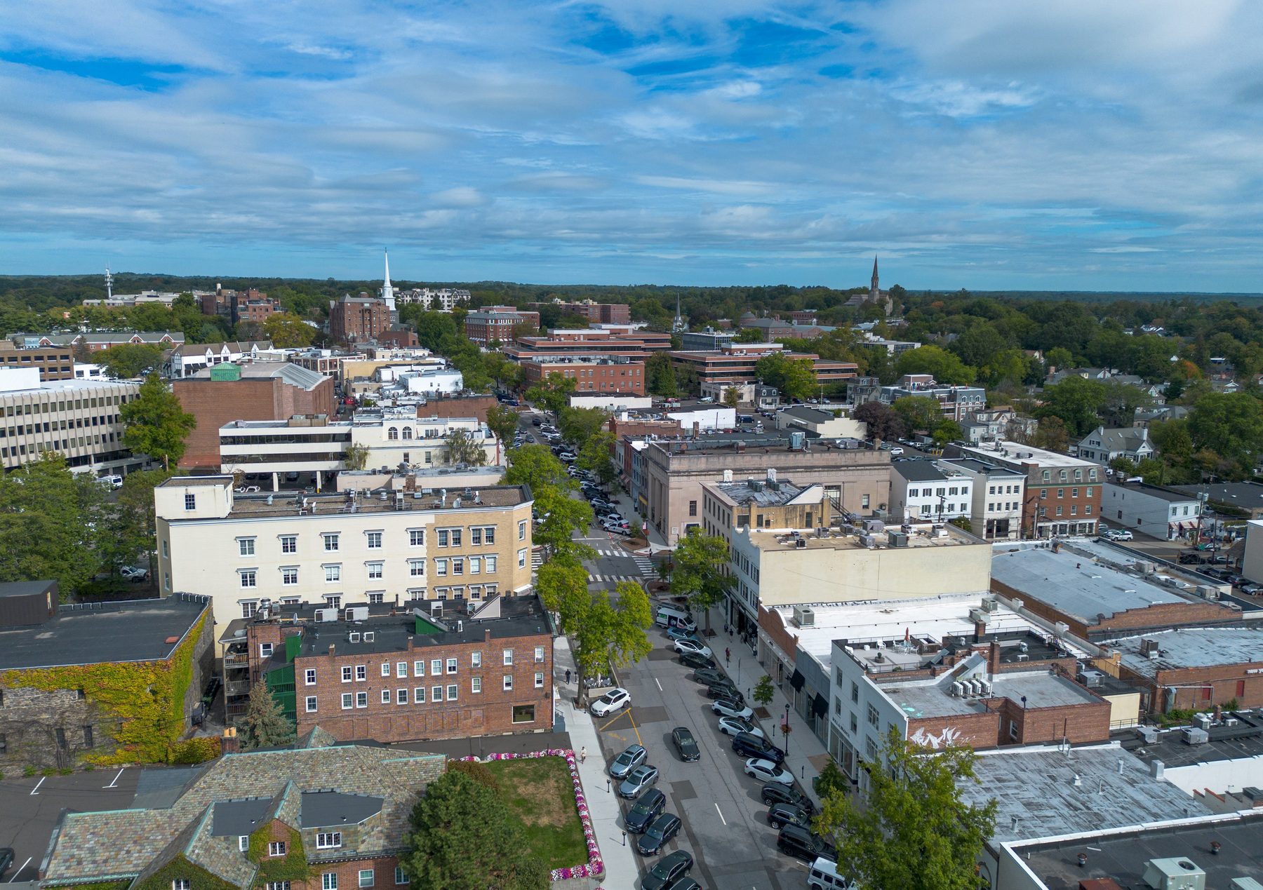 Aerial view of Greenwich Avenue and the Greenwich, CT historic district