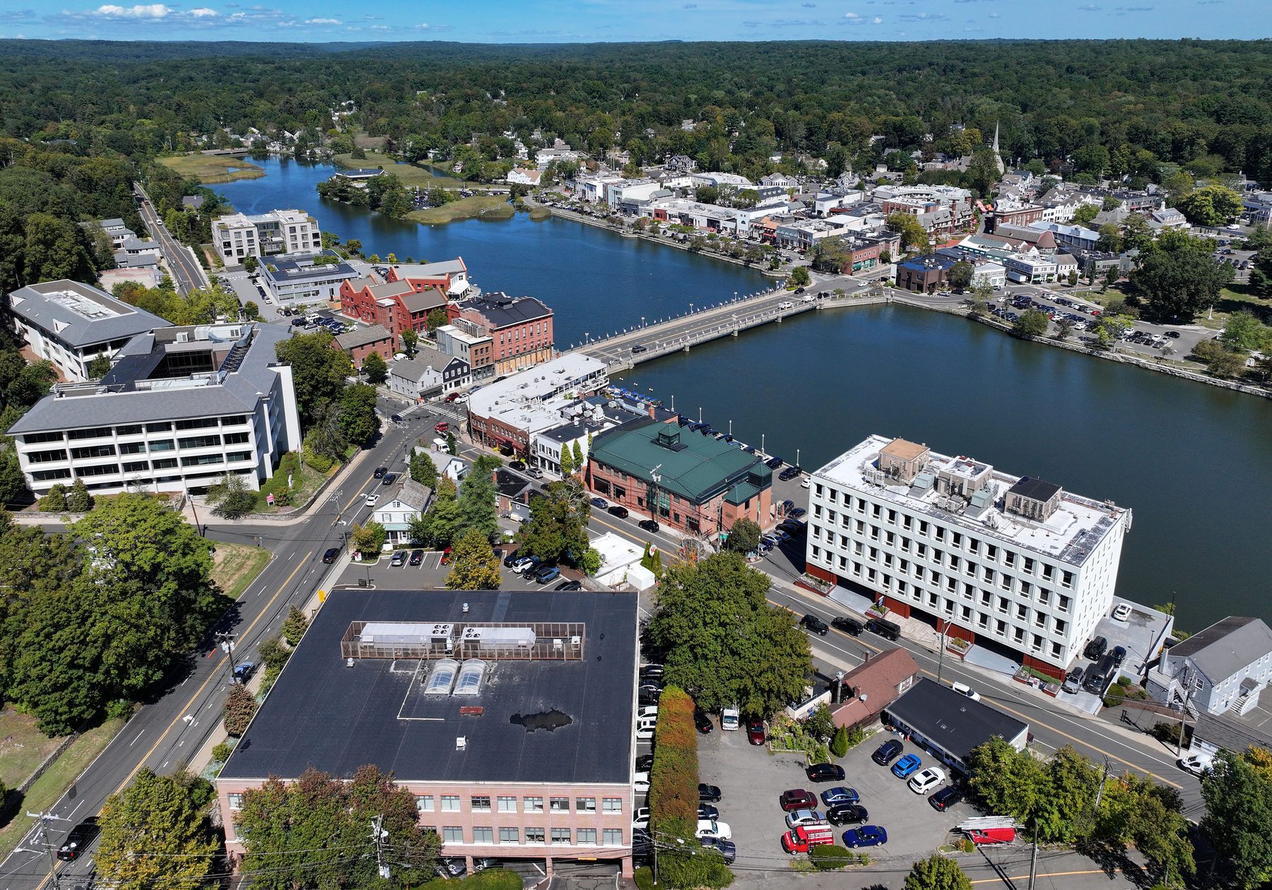 Aerial view of downtown Westport, CT and the Saugatuck River